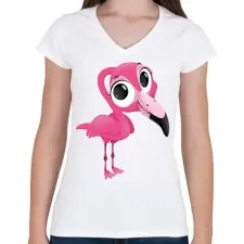 PRINTFASHION Funny Flamingo - Női V-nyakú póló - Fehér női póló