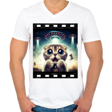 PRINTFASHION Fura cuki cica - UFÓ invázió - Férfi V-nyakú póló - Fehér férfi póló