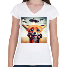 PRINTFASHION Fura cuki vicces ijedt róka - UFÓ invázió - Női V-nyakú póló - Fehér
