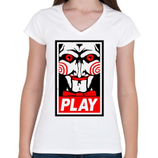 PRINTFASHION Fűrész play - Női V-nyakú póló - Fehér női póló