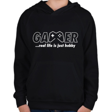 PRINTFASHION Gamer: a való élet csak hobbi - Gyerek kapucnis pulóver - Fekete gyerek pulóver, kardigán