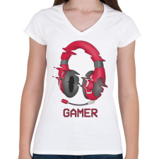 PRINTFASHION Gamer fejhallgató - Női V-nyakú póló - Fehér női póló