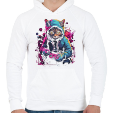 PRINTFASHION Gamer macska - Férfi kapucnis pulóver - Fehér