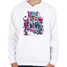 PRINTFASHION Gamer macska - Gyerek kapucnis pulóver - Fehér gyerek pulóver, kardigán