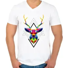 PRINTFASHION Geometrikus Szarvas - Férfi V-nyakú póló - Fehér férfi póló