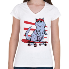 PRINTFASHION Gördeszkás macska - Női V-nyakú póló - Fehér női póló