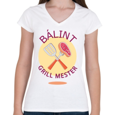 PRINTFASHION Grill mester - Névvel - Női V-nyakú póló - Fehér