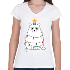 PRINTFASHION Grumpy cat karácsony - Női V-nyakú póló - Fehér női póló
