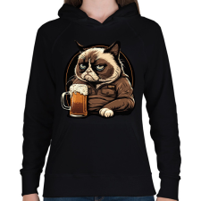PRINTFASHION Grumpy macska sörözik - Női kapucnis pulóver - Fekete női pulóver, kardigán