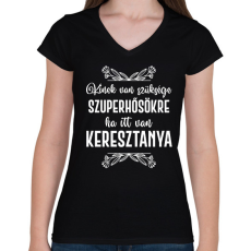 PRINTFASHION Ha itt van keresztanya - Női V-nyakú póló - Fekete