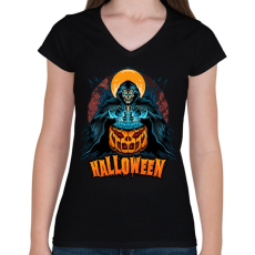 PRINTFASHION Halloween Grim Reaper - Női V-nyakú póló - Fekete