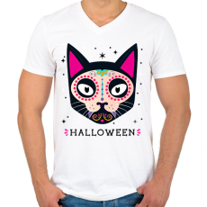 PRINTFASHION HALLOWEEN MACSKA - Férfi V-nyakú póló - Fehér