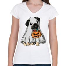 PRINTFASHION Halloween mops - Női V-nyakú póló - Fehér női póló