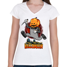 PRINTFASHION Halloween tökös sorozatgyilkos minta - Női V-nyakú póló - Fehér női póló