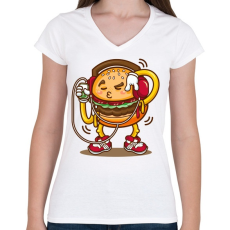 PRINTFASHION Hamburger - Női V-nyakú póló - Fehér
