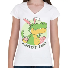 PRINTFASHION Happy East-rawr! - Női V-nyakú póló - Fehér női póló
