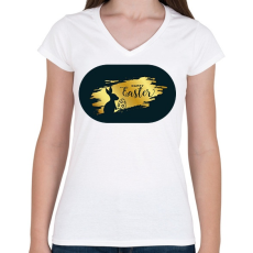 PRINTFASHION Happy easter - Arany-fekete - Női V-nyakú póló - Fehér