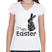 PRINTFASHION Happy Easter - Mintás nyúl - Női V-nyakú póló - Fehér női póló