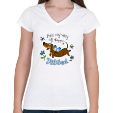 PRINTFASHION He's very happy dachshund - Női V-nyakú póló - Fehér