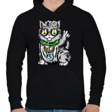 PRINTFASHION Hippi macska - Férfi kapucnis pulóver - Fekete férfi pulóver, kardigán