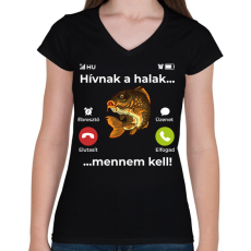 PRINTFASHION Hívnak a halak - Női V-nyakú póló - Fekete