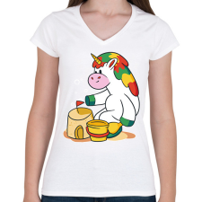 PRINTFASHION Homokozó unikornis - Női V-nyakú póló - Fehér női póló