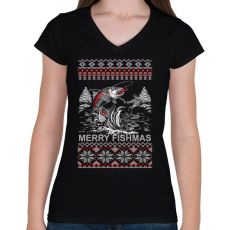 PRINTFASHION Horgász karácsony - Női V-nyakú póló - Fekete