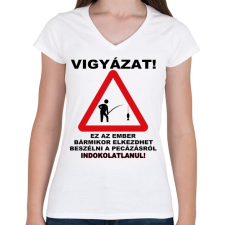 PRINTFASHION HORGÁSZ VESZÉLY - Női V-nyakú póló - Fehér női póló