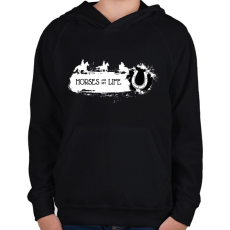 PRINTFASHION Horses are my life -  Fehér-fekete - Gyerek kapucnis pulóver - Fekete