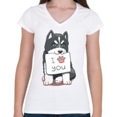 PRINTFASHION Husky love - Női V-nyakú póló - Fehér