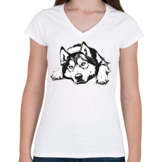 PRINTFASHION Husky Sziluett - Női V-nyakú póló - Fehér
