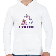 PRINTFASHION I love coffee Unikornis - Férfi kapucnis pulóver - Fehér