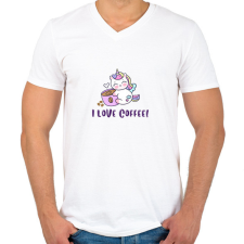 PRINTFASHION I love coffee Unikornis - Férfi V-nyakú póló - Fehér férfi póló