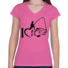 PRINTFASHION I LOVE FISHING - Női V-nyakú póló - Rózsaszín