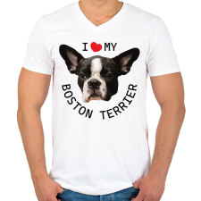 PRINTFASHION I love my Boston Terrier - Férfi V-nyakú póló - Fehér férfi póló