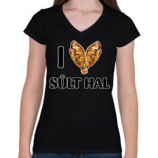 PRINTFASHION I love Sült hal - Női V-nyakú póló - Fekete női póló