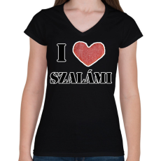 PRINTFASHION I love szalámi - Női V-nyakú póló - Fekete