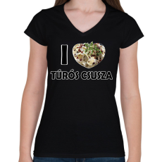 PRINTFASHION I love Túrós csusza - Női V-nyakú póló - Fekete