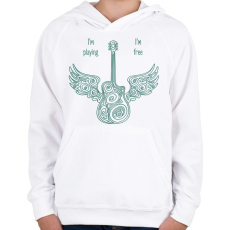 PRINTFASHION I'm playing, I'm free - Gitáros minta - Gyerek kapucnis pulóver - Fehér