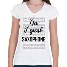 PRINTFASHION I speak saxophone - Női V-nyakú póló - Fehér női póló