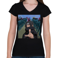 PRINTFASHION Itachi X Squid Game - Női V-nyakú póló - Fekete