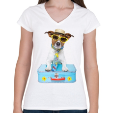 PRINTFASHION Jack Russel póló - Női V-nyakú póló - Fehér
