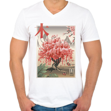 PRINTFASHION Japán sakura fa - Férfi V-nyakú póló - Fehér férfi póló