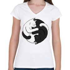 PRINTFASHION Jin-Jang cicák - Női V-nyakú póló - Fehér női póló