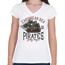 PRINTFASHION Kalózhajó - Caribbean Sea - Női V-nyakú póló - Fehér női póló