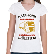 PRINTFASHION Kamionos szülinapja január - Női V-nyakú póló - Fehér