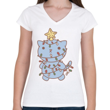 PRINTFASHION Karácsonyfa cica - Női V-nyakú póló - Fehér női póló