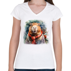 PRINTFASHION Karácsonyi capybara - Női V-nyakú póló - Fehér
