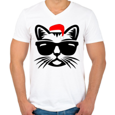 PRINTFASHION Karácsonyi cica - Férfi V-nyakú póló - Fehér