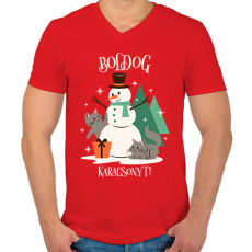 PRINTFASHION Karácsonyi Cica - Férfi V-nyakú póló - Piros